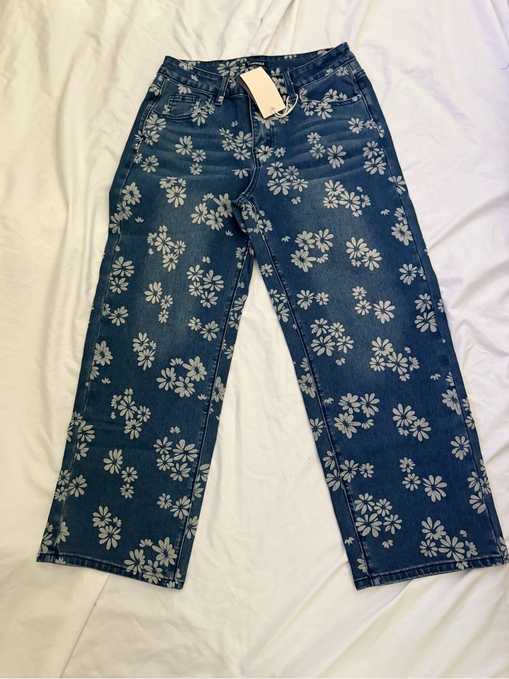 Floral Print Blue Denim Wide-Leg Jeans